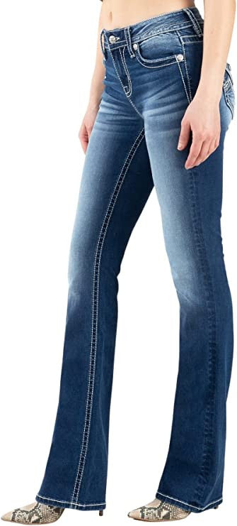 Miss Me Women's Mid Rise Blue Stitched Good Vibrations Boot Cut Jeans