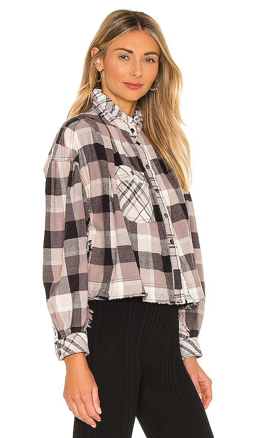 Free People Emily Plaid Crop Snap Front Shirt In Grey Combo