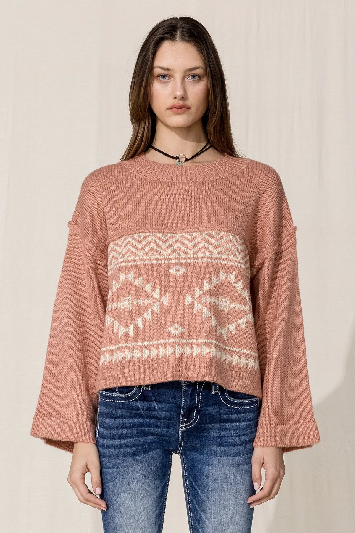 Miss Me Aztec Printed Sweater - Brick Red