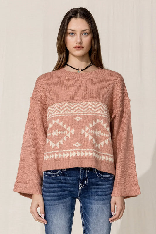 Miss Me Aztec Printed Sweater - Brick Red