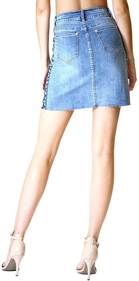 Grace in LA Side Stripe Embroidered Denim Skirt