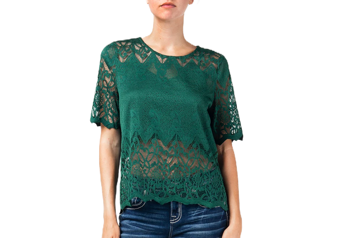 Miss Me Lace Short Sleeve Top Hunter Green