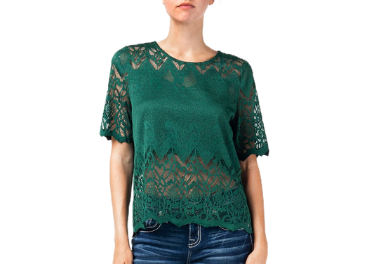 Miss Me Lace Short Sleeve Top Hunter Green