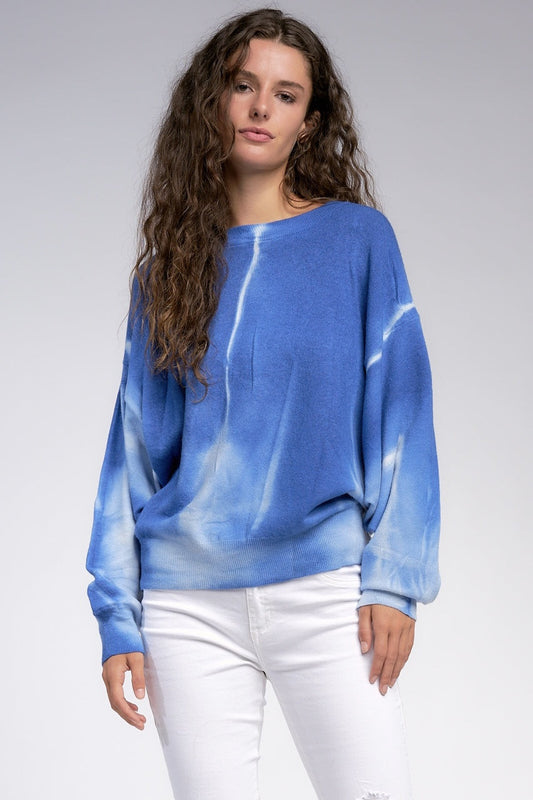 Elan Tie Dye Crew Neck Sweater - Blue - One Size