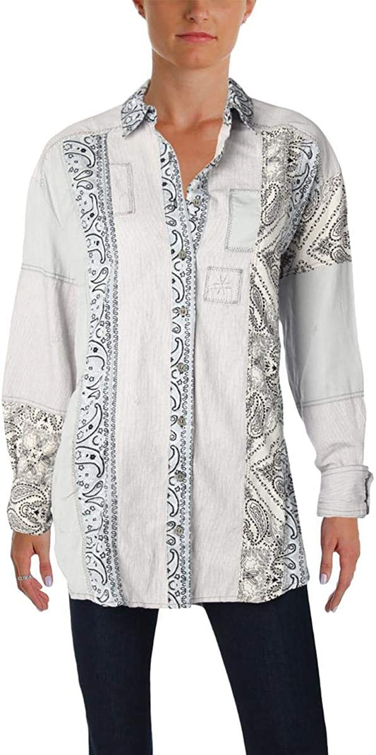 Free People Women's All Patched up Chambray Button-Down Shirt