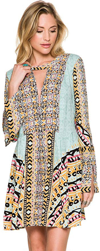 Free People New Women's Tegan Border Printed Mini Dress V-Neck Rayon Blue