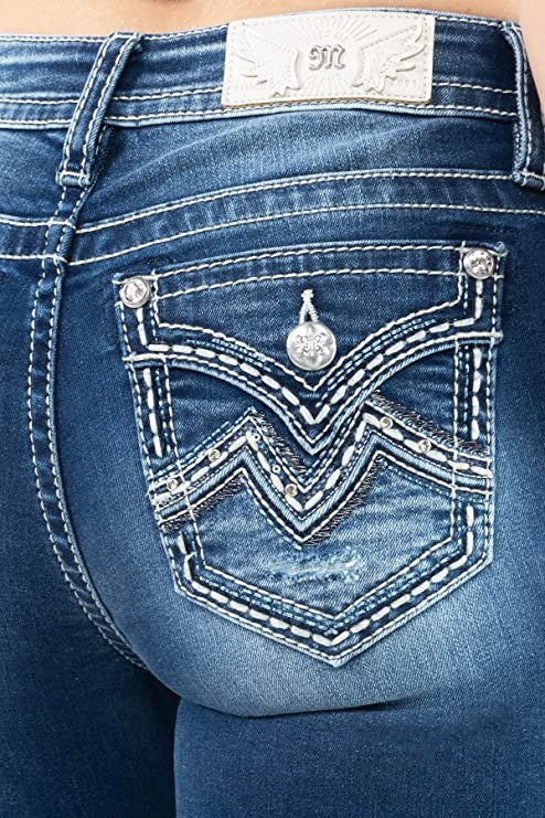 Miss Me Women's Mid Rise Blue Stitched Good Vibrations Boot Cut Jeans