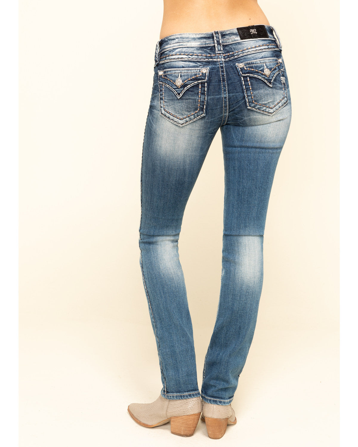 Miss Me Women's 2-Tone Heavy Border Stitch Basic Flap Bootcut Jeans Blue