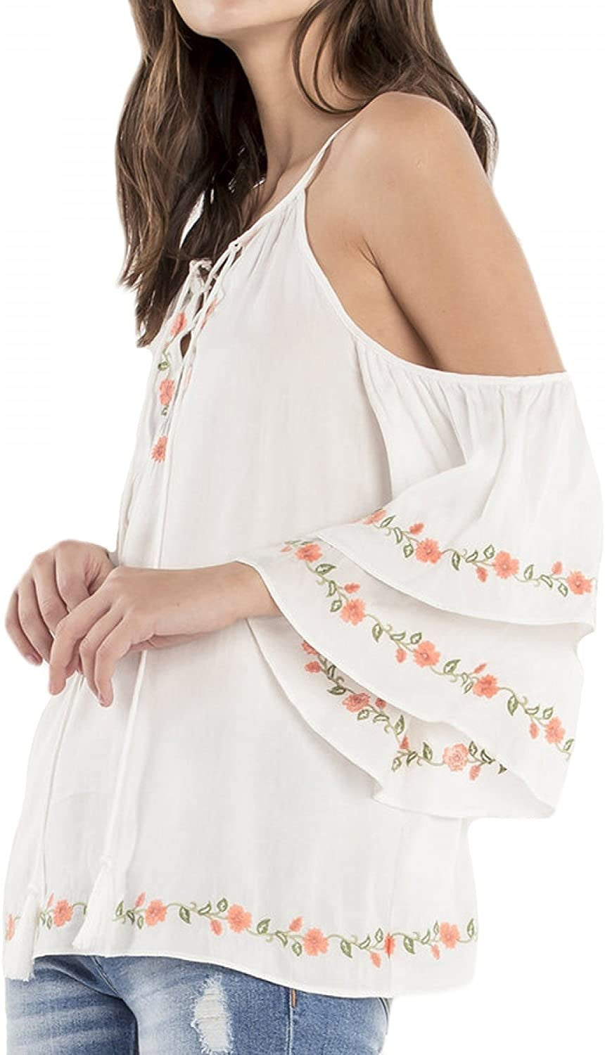 Miss Me MMT0058L Off White Open Shoulder Floral Embroidered Top