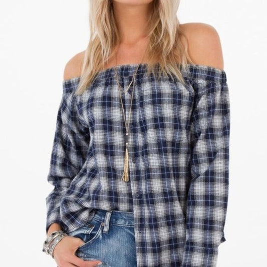 White Crow Off Shoulder Blue/White Plaid Shirt