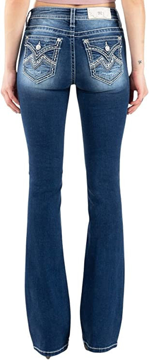Miss Me Women's Mid Rise Blue Stitched Good Vibrations Boot Cut Jeans