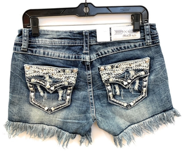 Grace in LA Women's Medium Wash Shorts w/ White Embroidered