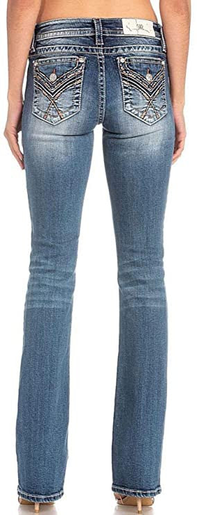 Miss Me Women's Orange Embroidery Chloe Boot Jeans with Faux Flap Pockets