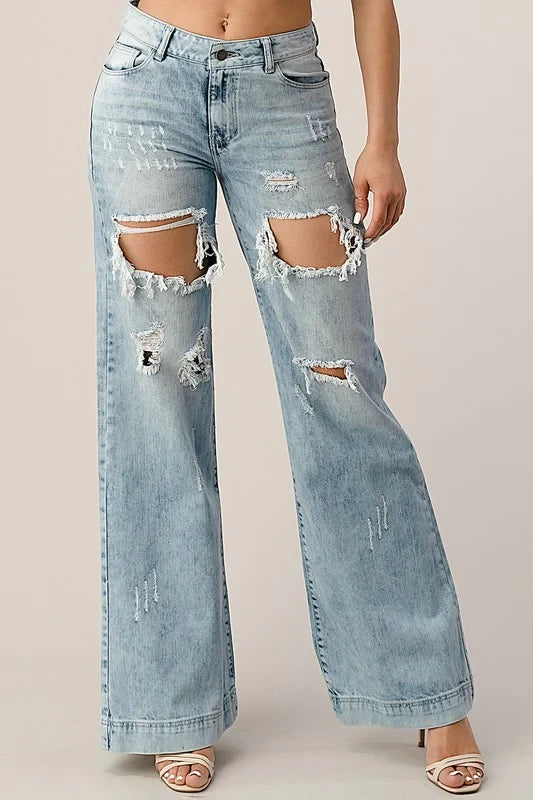 Litz by Uniq Rocker Distressed Wide Leg Boyfriend Acid Wash Jeans
