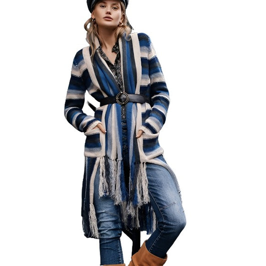 Elan Blue and Gray Beige Stripe Sweater Frayed Cardigan